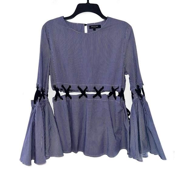 Beulah Tops - Beulah Blue Striped Lace Up Wide Sleeve Top Large
